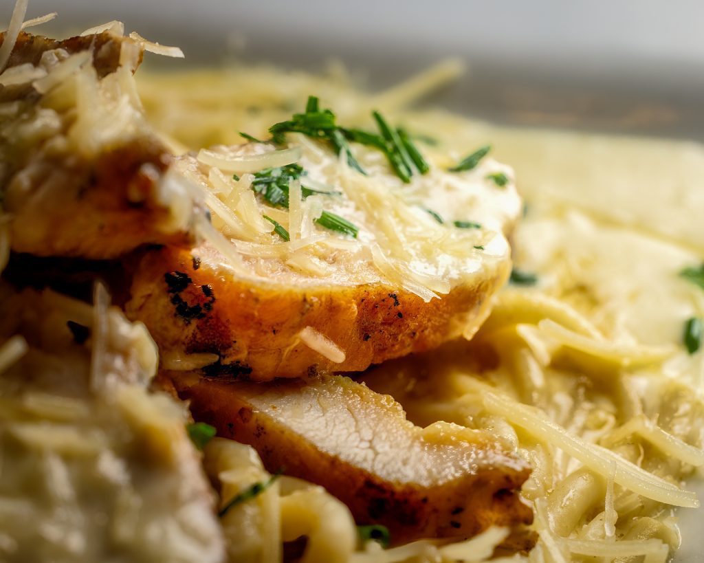 Close up of chicken and pasta dish