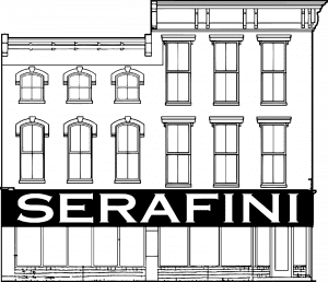 black and white art of Serafini building