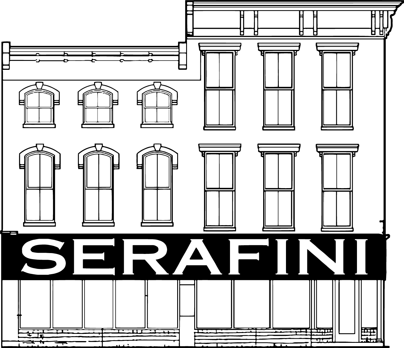 black and white art of Serafini building